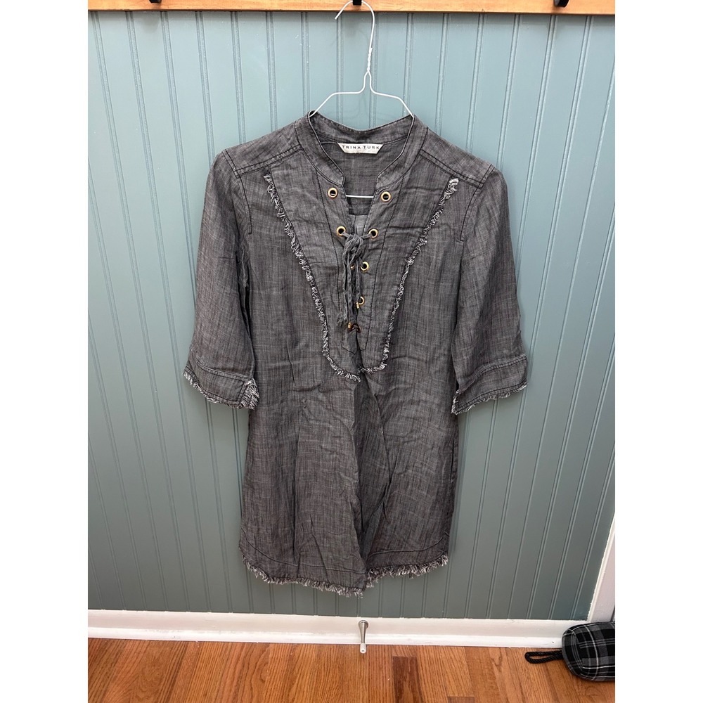 Trina Turk Gray Lace Up Grommet Fringe Linen Blend Shift Dress Womens Size 6